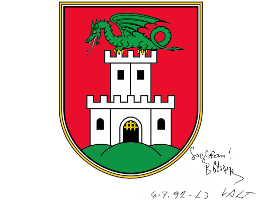 Dokončna verzija grba Mesta Ljubljana leta 1992 s podpisom arbiterja prof. dr. B. Otorepca